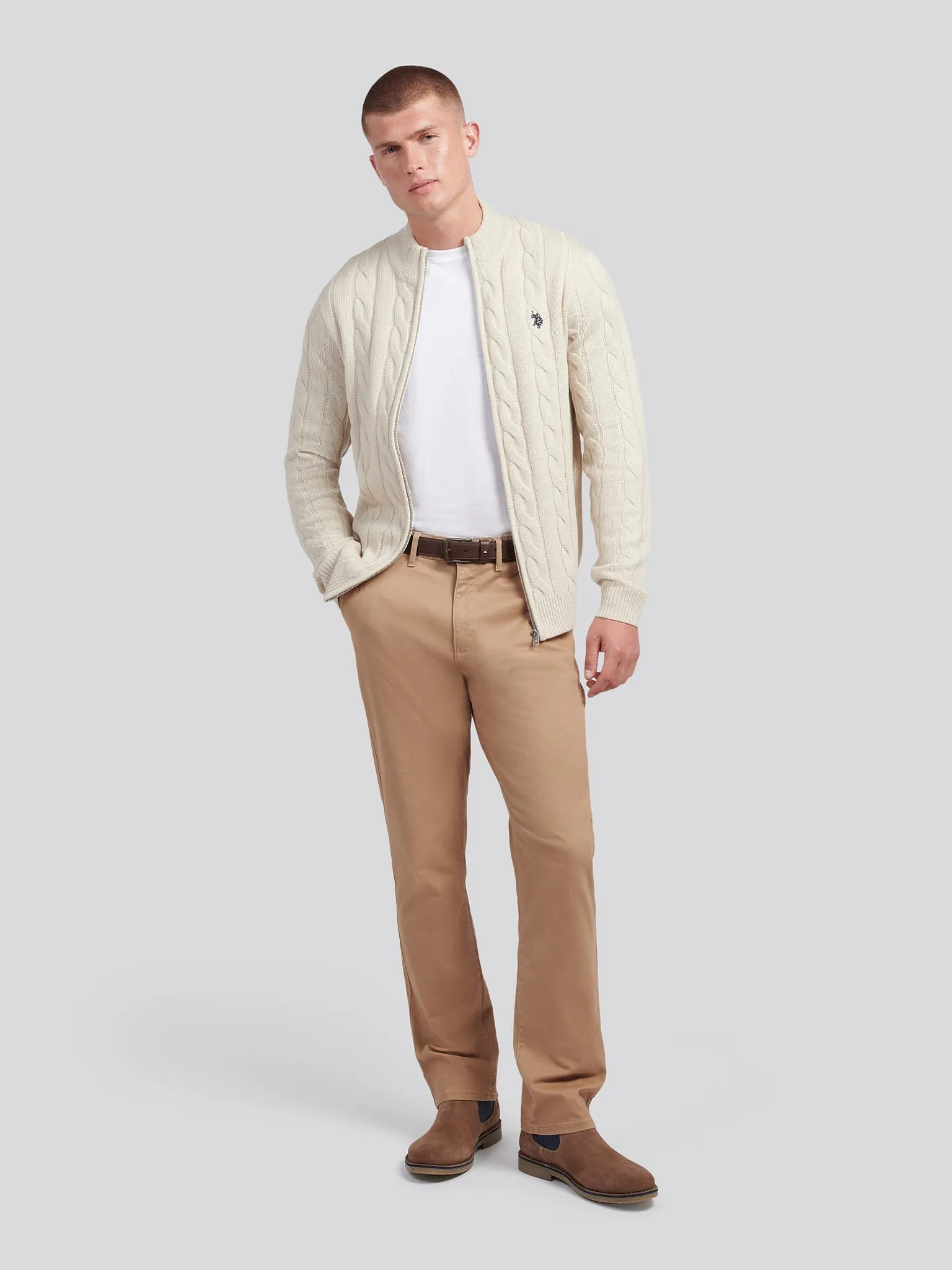 Mens Cable Knit Zip Funnel Neck in Birch Marl
