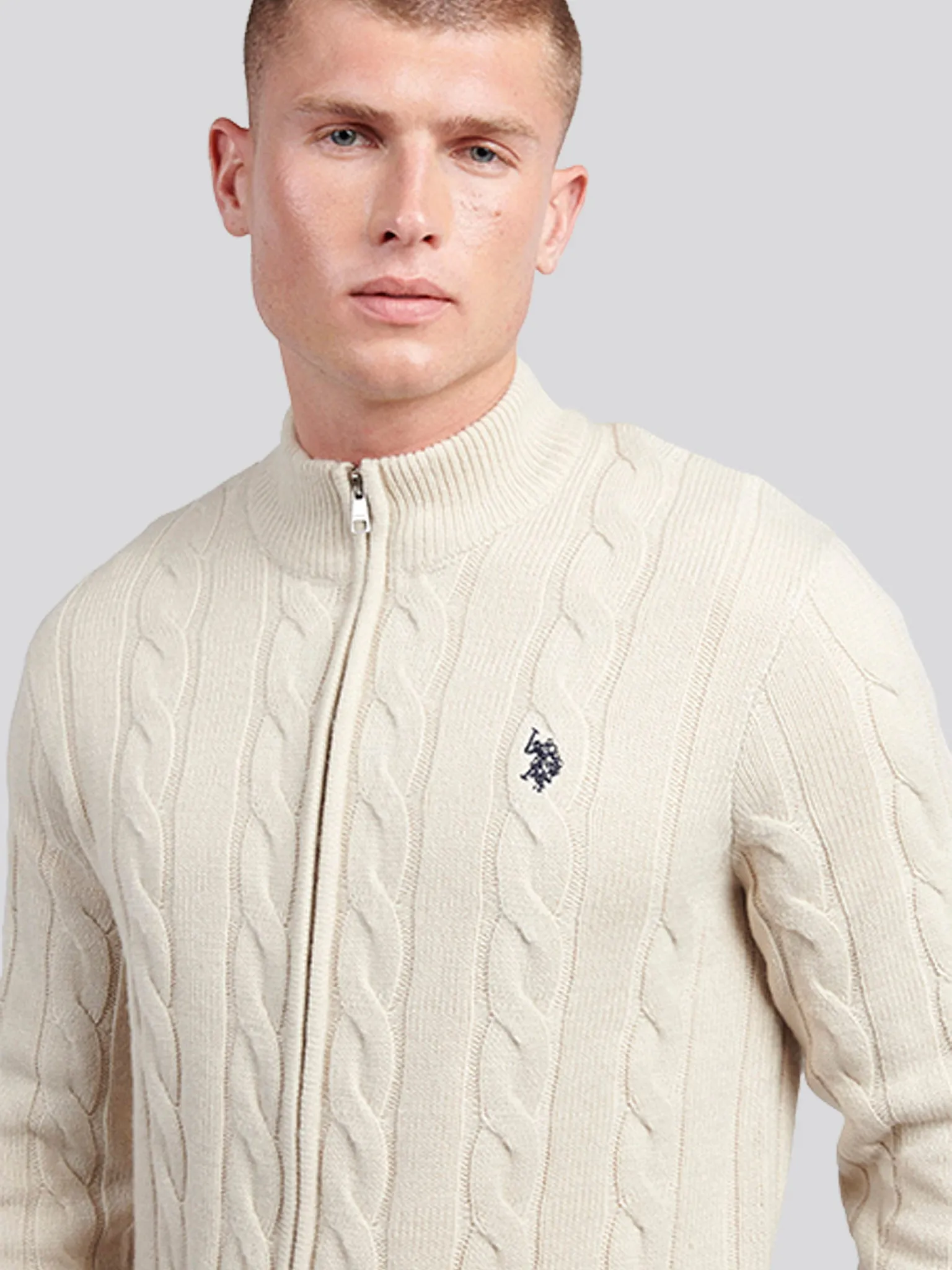 Mens Cable Knit Zip Funnel Neck in Birch Marl