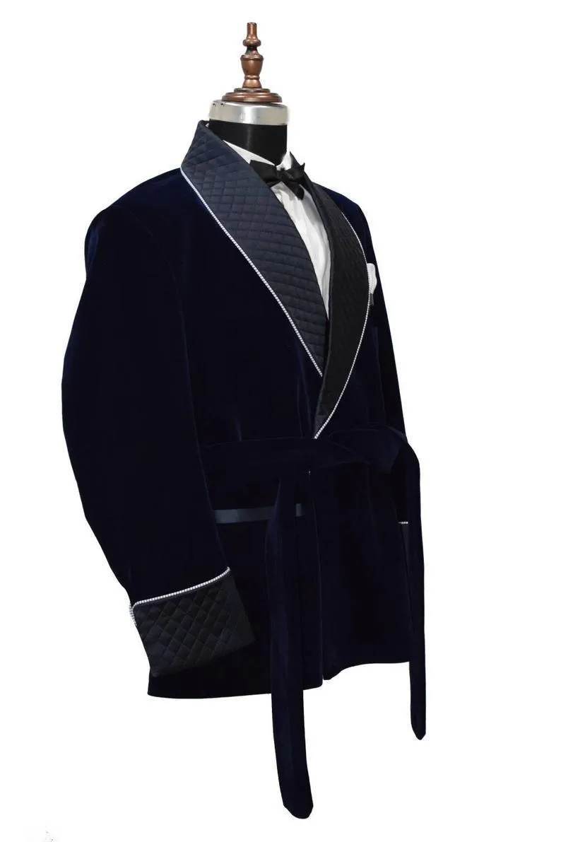 Men's Quilted Jacket Hosting Dinner Party Wear Navy Blue Velvet Jacket Blazers