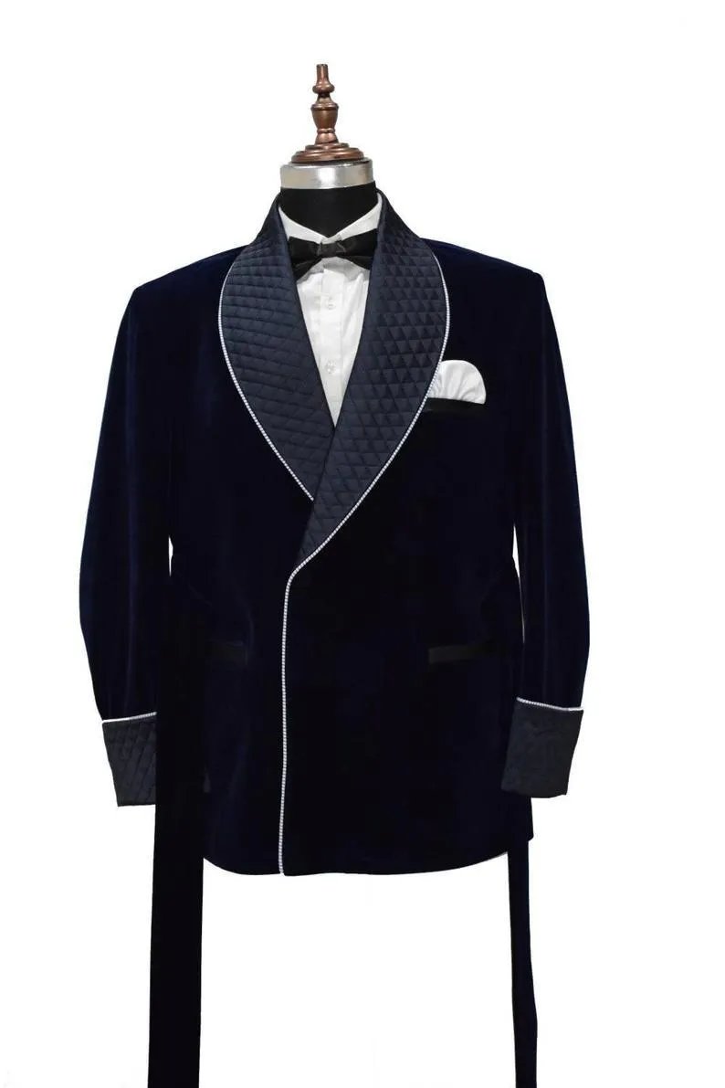 Men's Quilted Jacket Hosting Dinner Party Wear Navy Blue Velvet Jacket Blazers