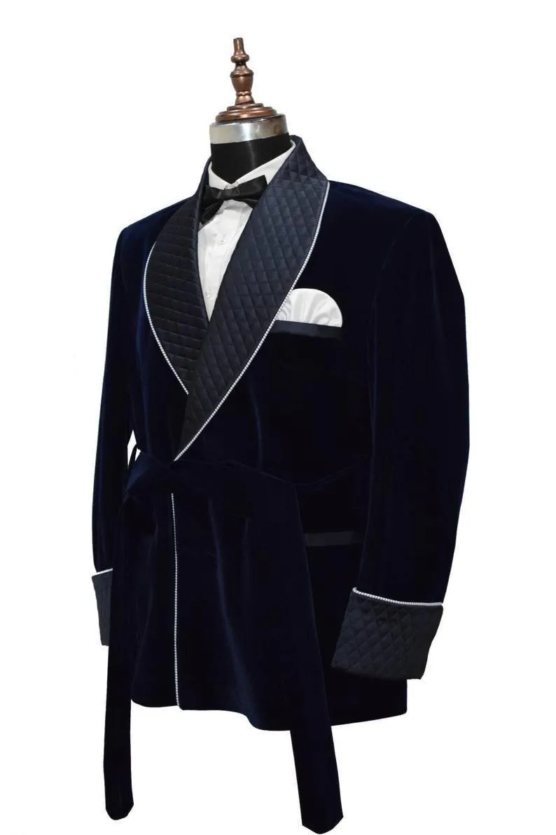 Men's Quilted Jacket Hosting Dinner Party Wear Navy Blue Velvet Jacket Blazers