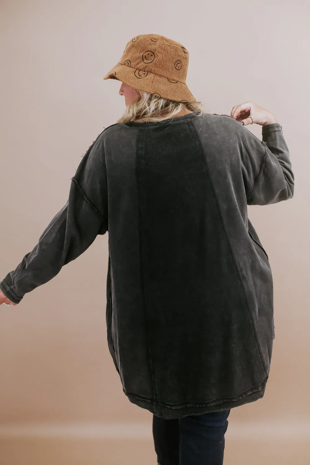 Mineral Washed Oversized Tunic Pullover, Black