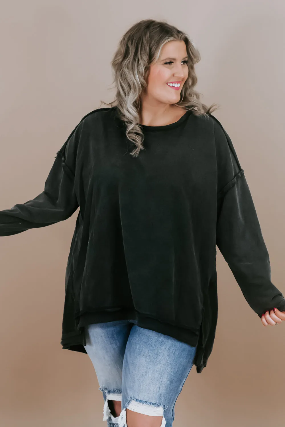 Mineral Washed Oversized Tunic Pullover, Black