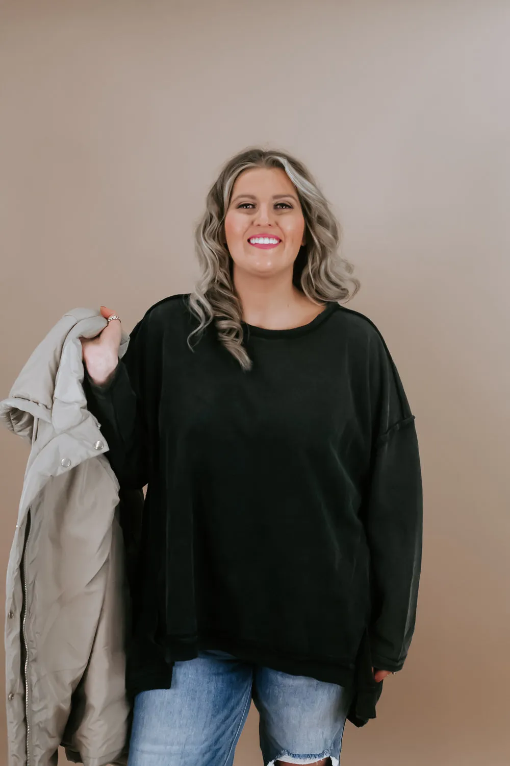 Mineral Washed Oversized Tunic Pullover, Black