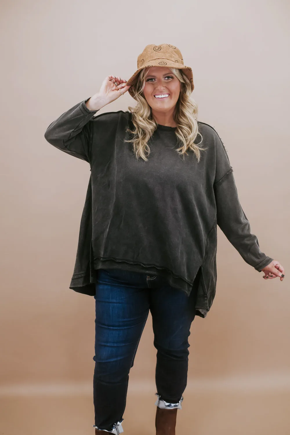 Mineral Washed Oversized Tunic Pullover, Black