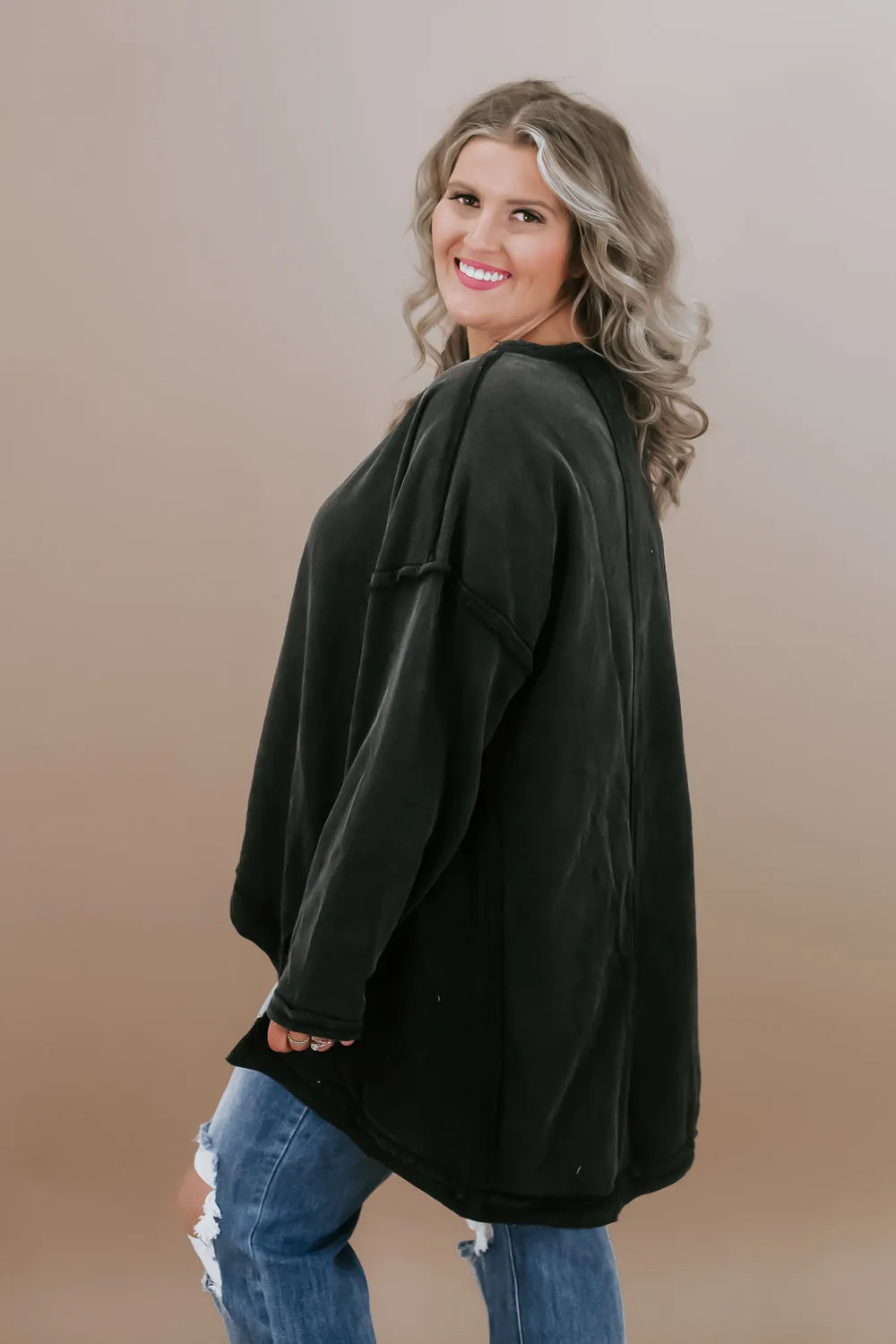 Mineral Washed Oversized Tunic Pullover, Black