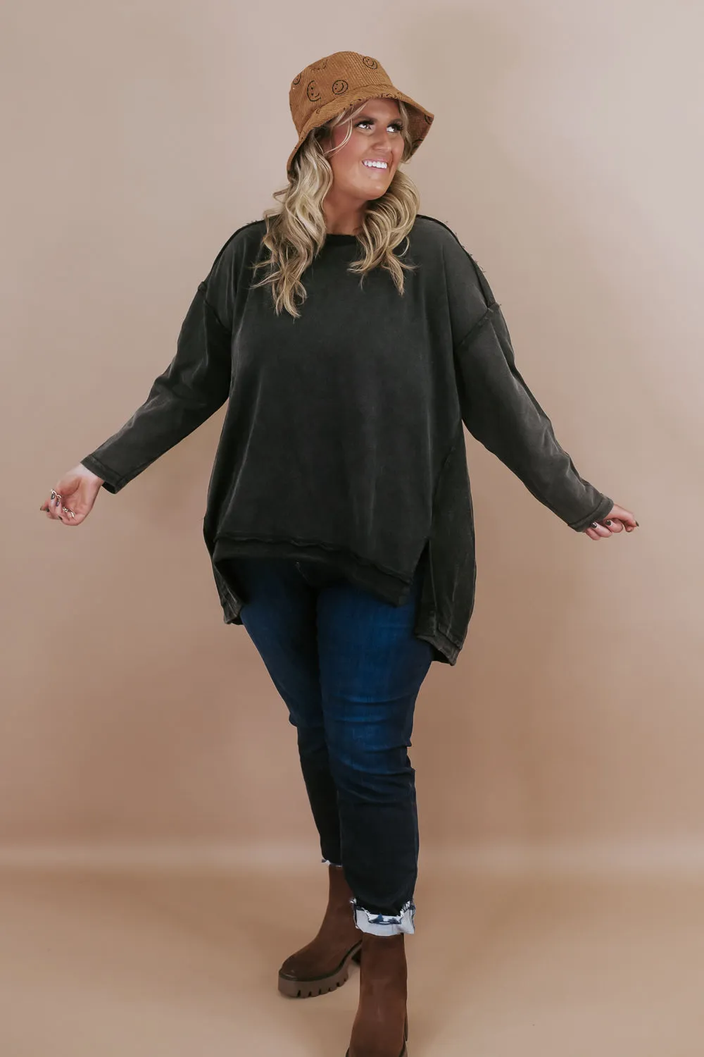 Mineral Washed Oversized Tunic Pullover, Black