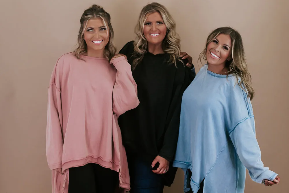 Mineral Washed Oversized Tunic Pullover, Black