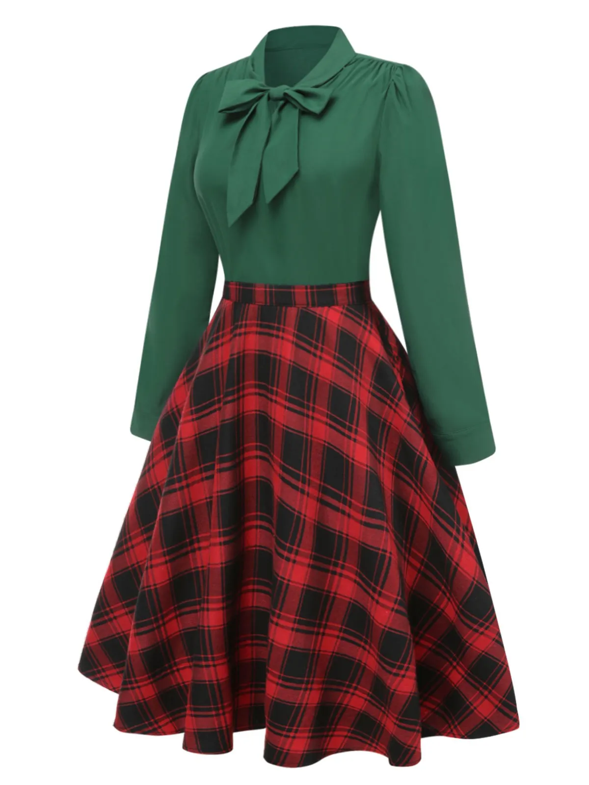 [Pre-Sale] 2PCS 1950s Tie-Neck Green Blouse & Red Plaid Skirt