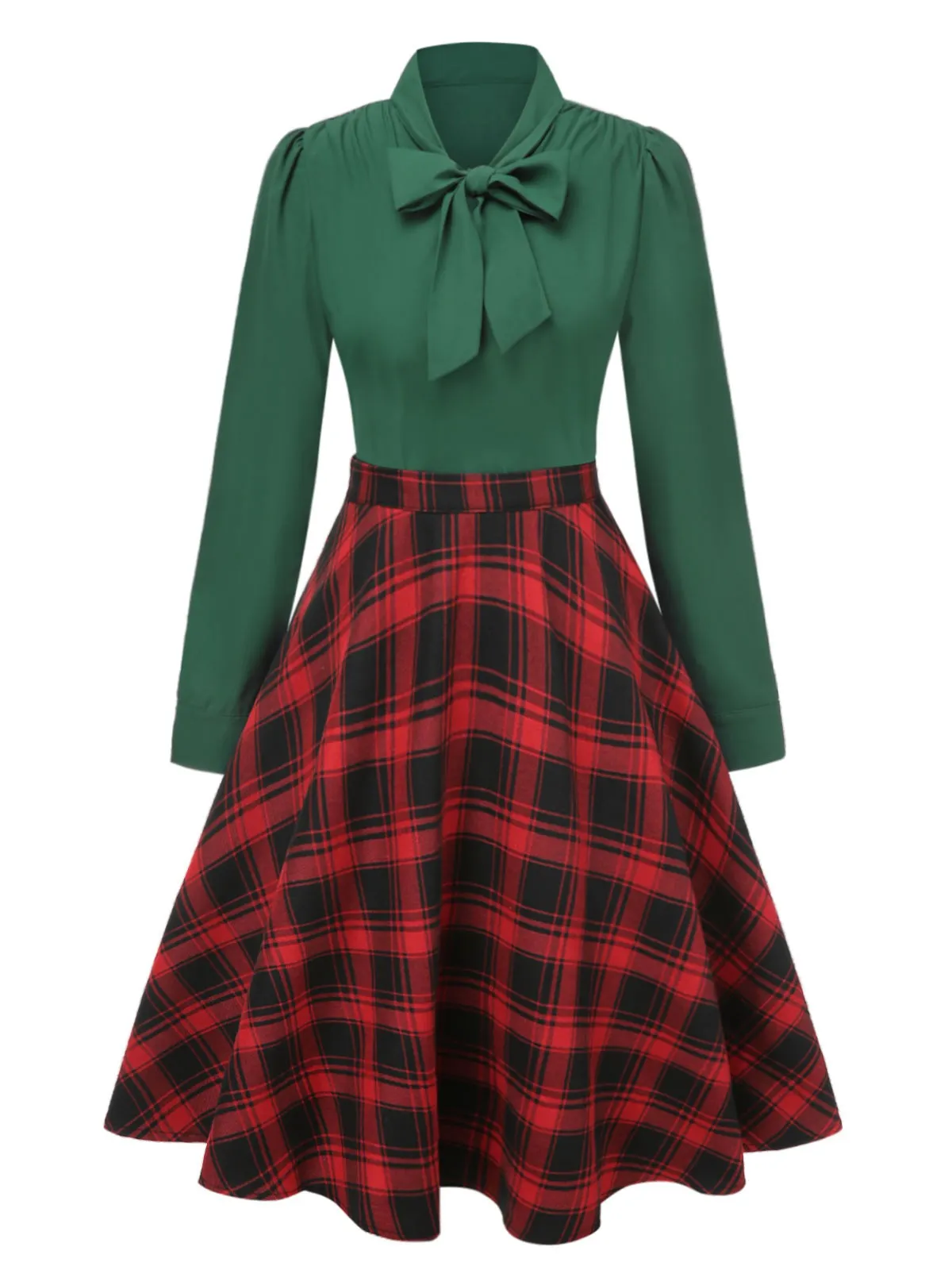 [Pre-Sale] 2PCS 1950s Tie-Neck Green Blouse & Red Plaid Skirt