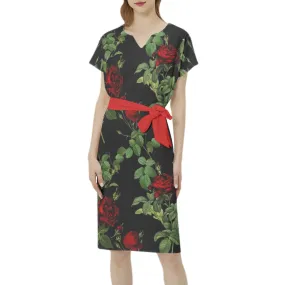 Rose Print Batwing Sleeve Notch Neck Casual Dress with Belt