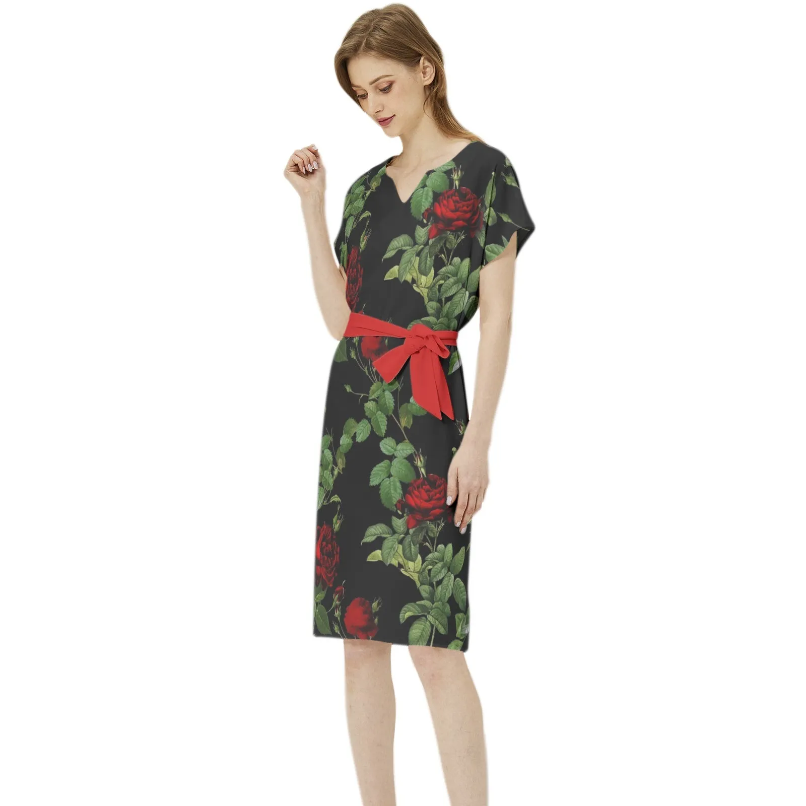 Rose Print Batwing Sleeve Notch Neck Casual Dress with Belt