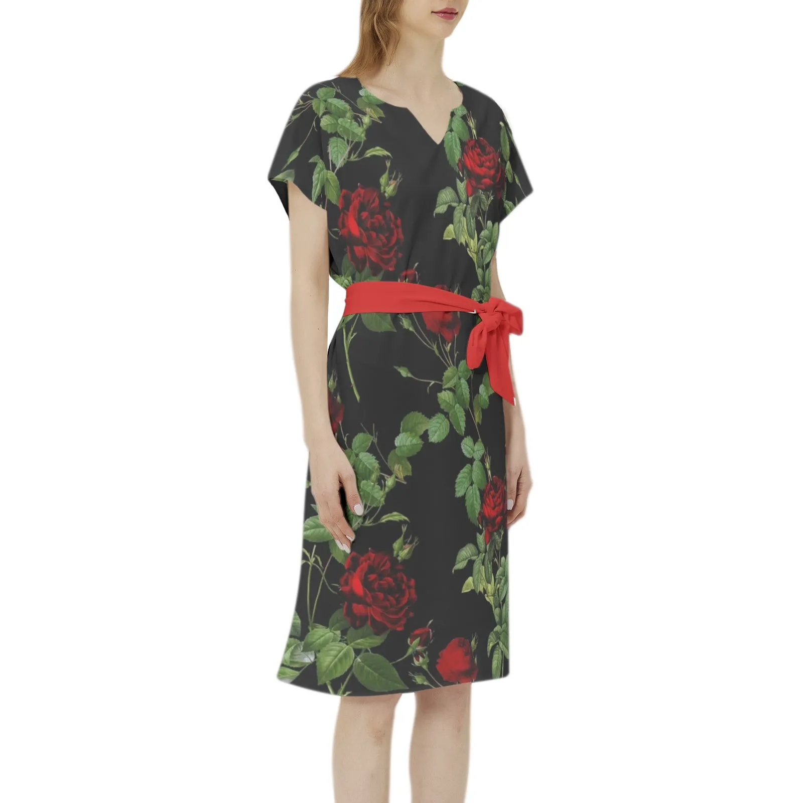 Rose Print Batwing Sleeve Notch Neck Casual Dress with Belt