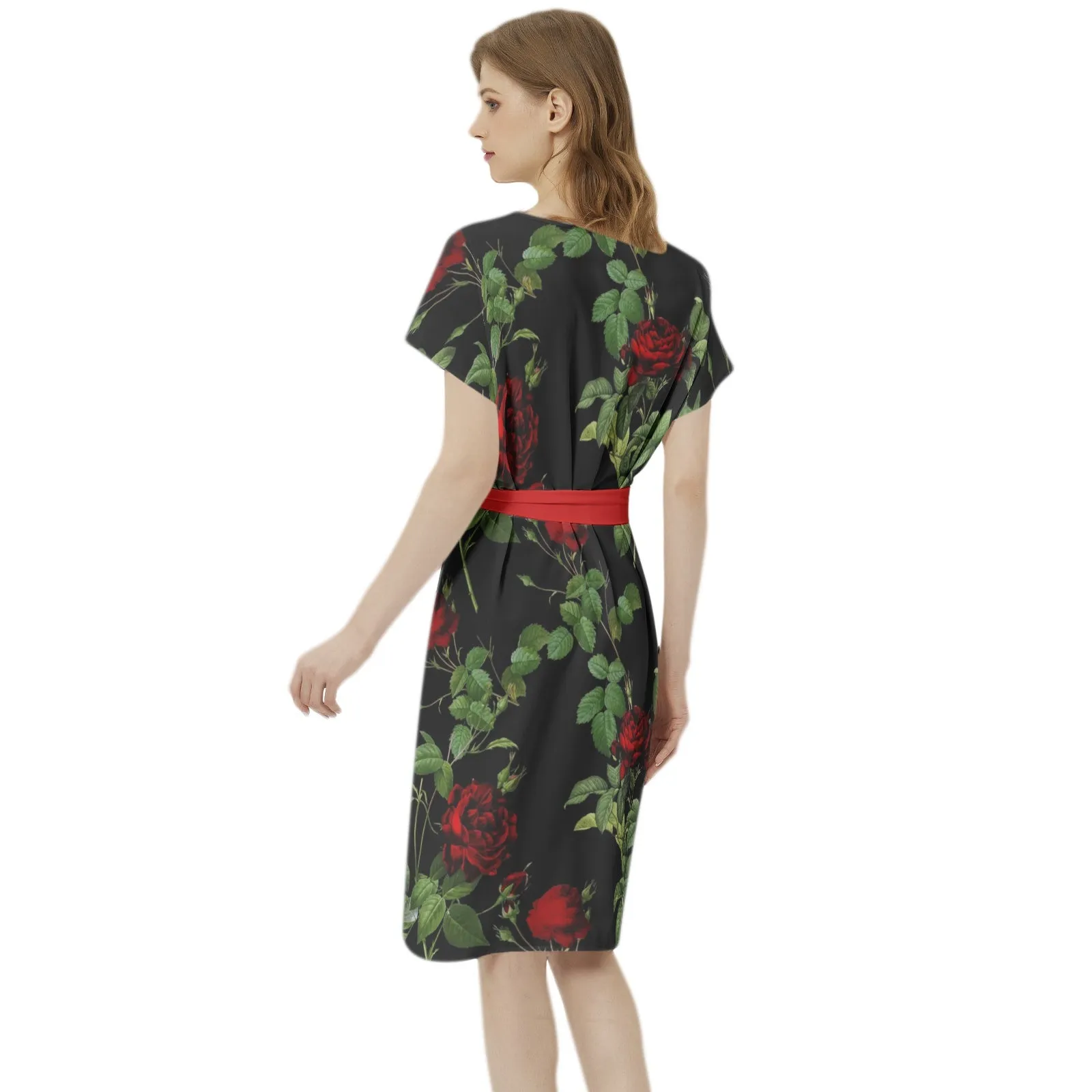 Rose Print Batwing Sleeve Notch Neck Casual Dress with Belt