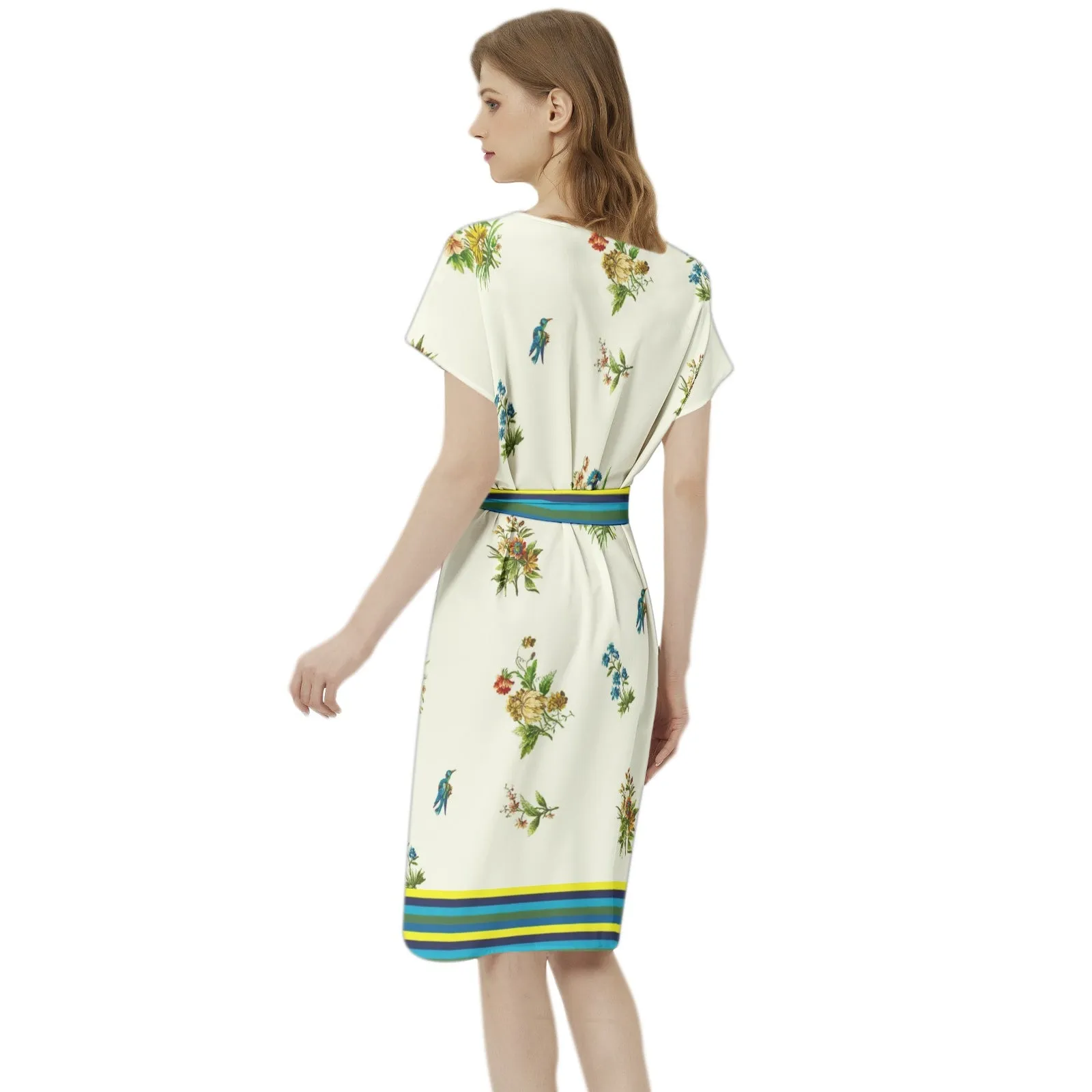 Summertime Batwing Sleeve Notch Neck Casual Dress with Belt