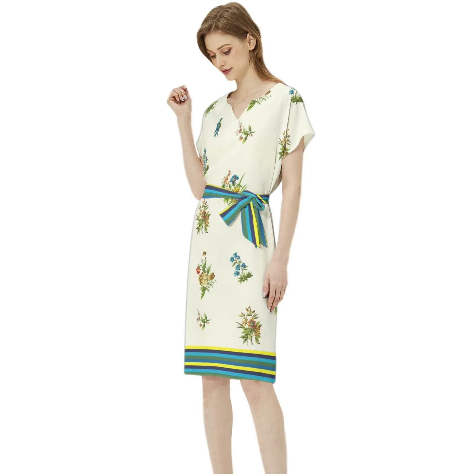Summertime Batwing Sleeve Notch Neck Casual Dress with Belt