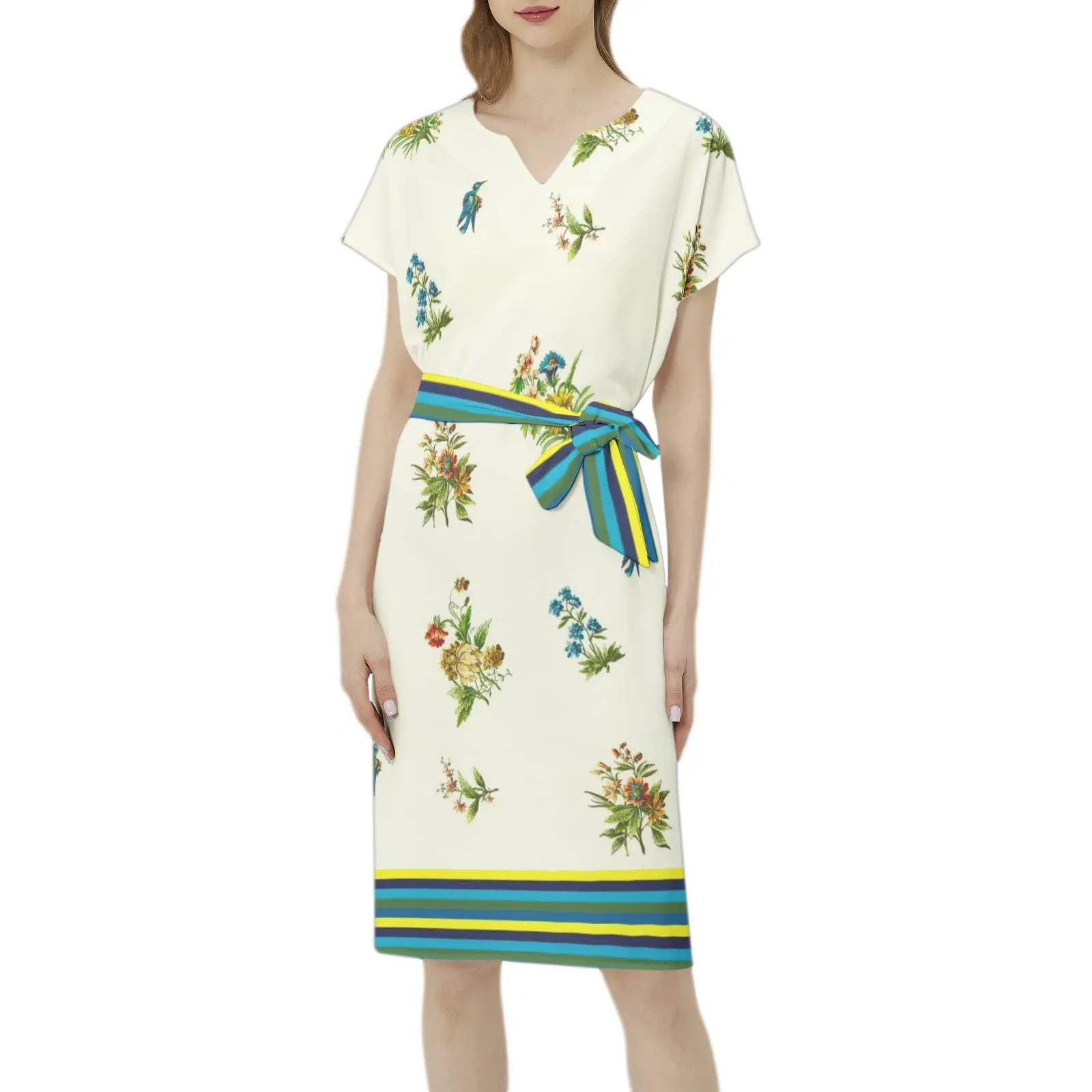 Summertime Batwing Sleeve Notch Neck Casual Dress with Belt