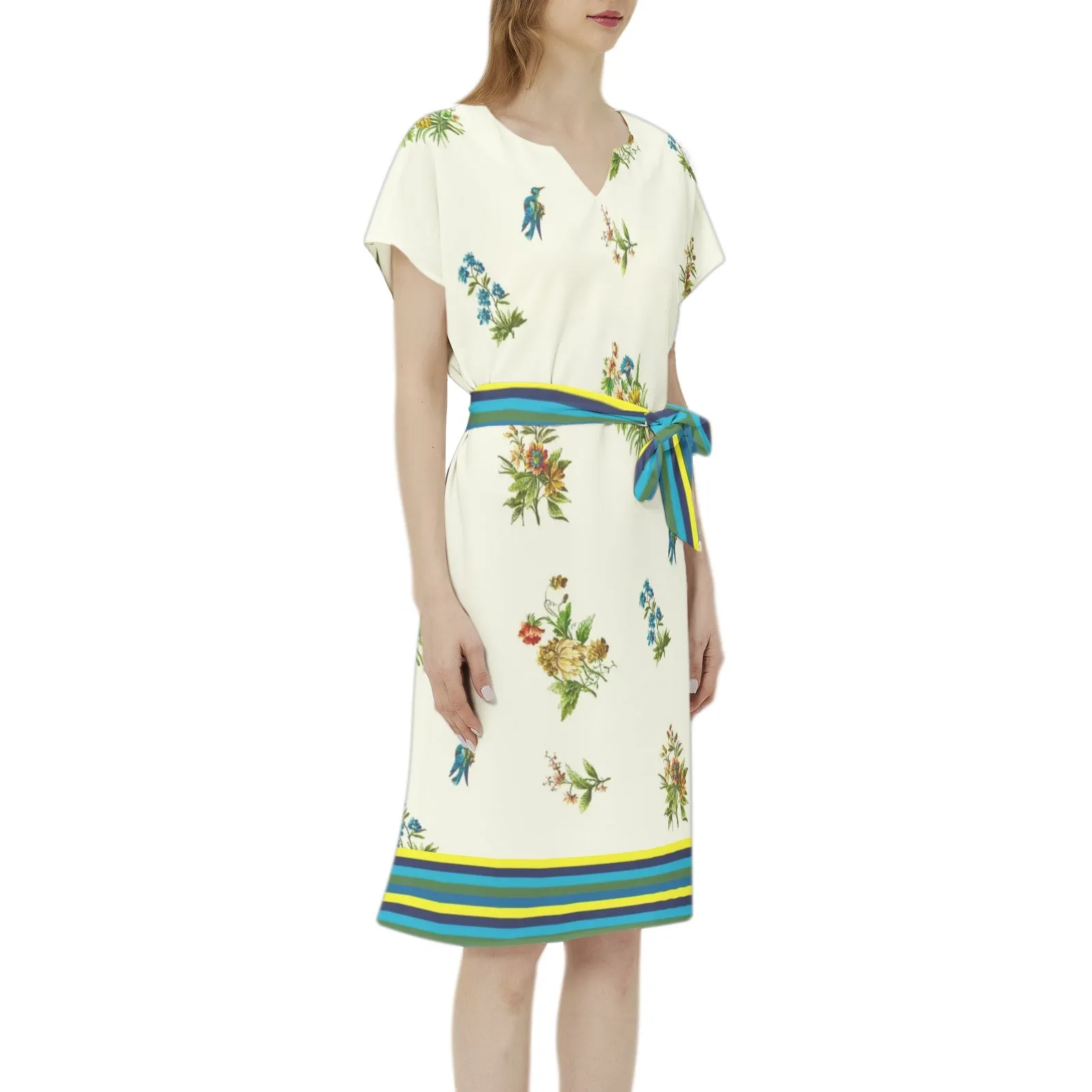 Summertime Batwing Sleeve Notch Neck Casual Dress with Belt