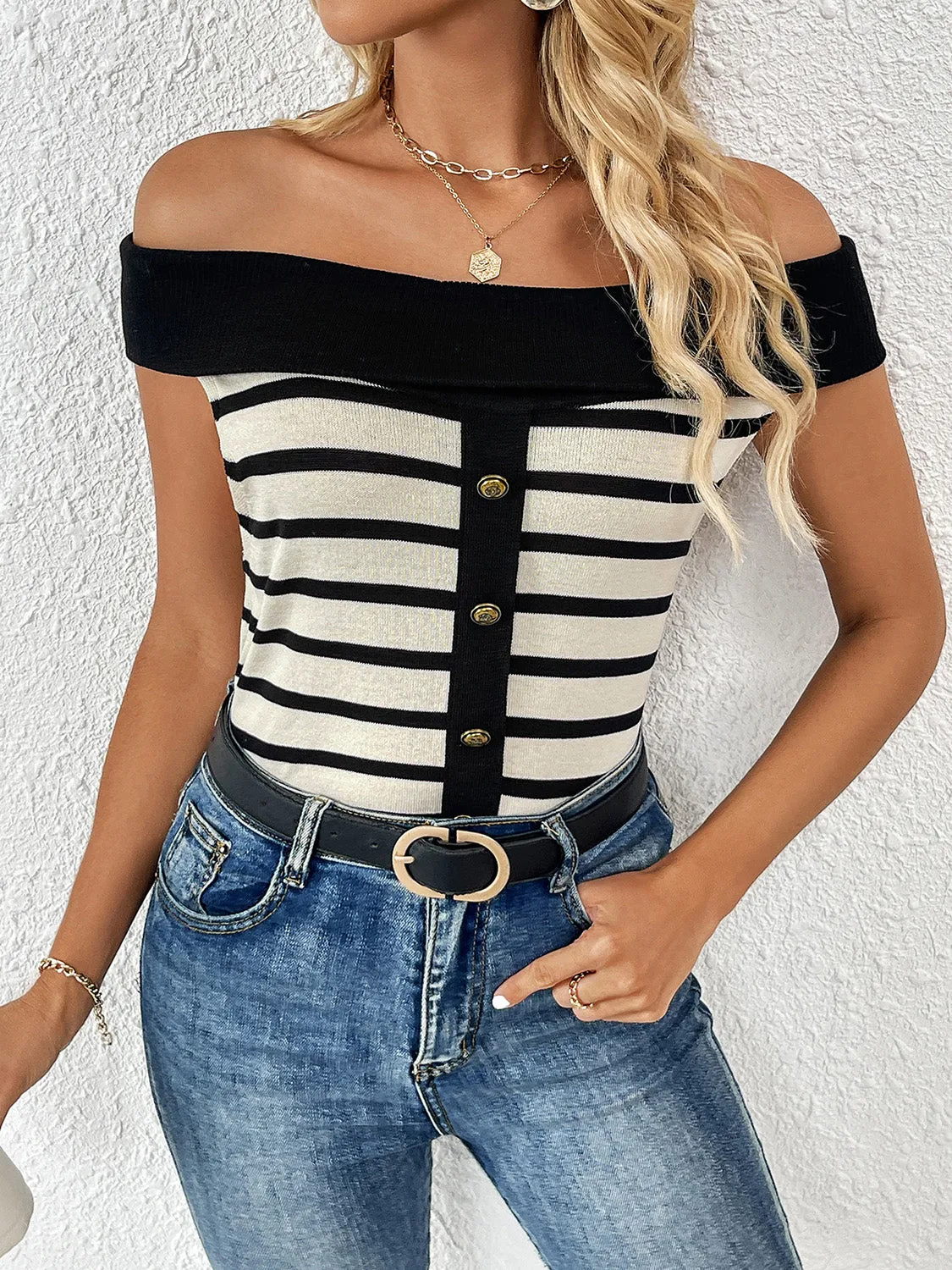 TEEK - Decor Button Striped Off-Shoulder Knit Top