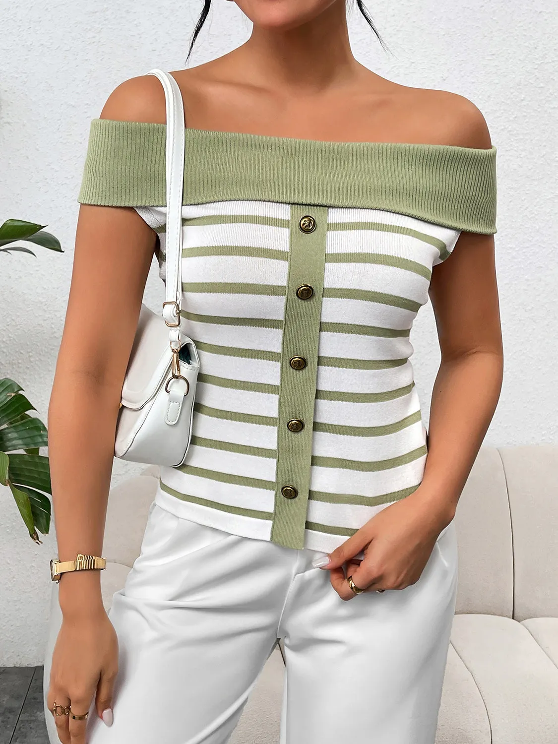 TEEK - Decor Button Striped Off-Shoulder Knit Top