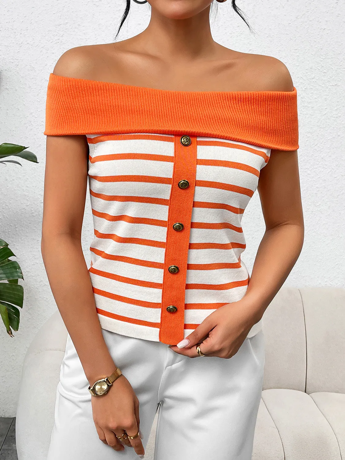 TEEK - Decor Button Striped Off-Shoulder Knit Top