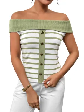 TEEK - Decor Button Striped Off-Shoulder Knit Top