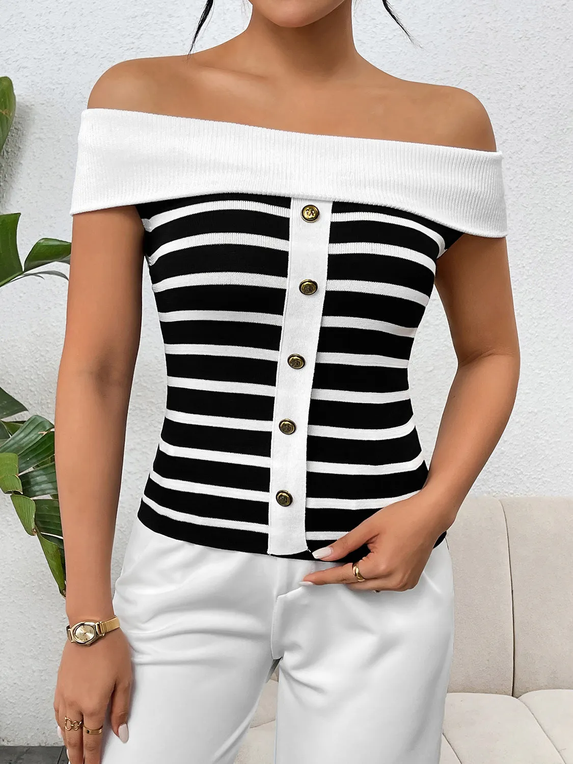 TEEK - Decor Button Striped Off-Shoulder Knit Top