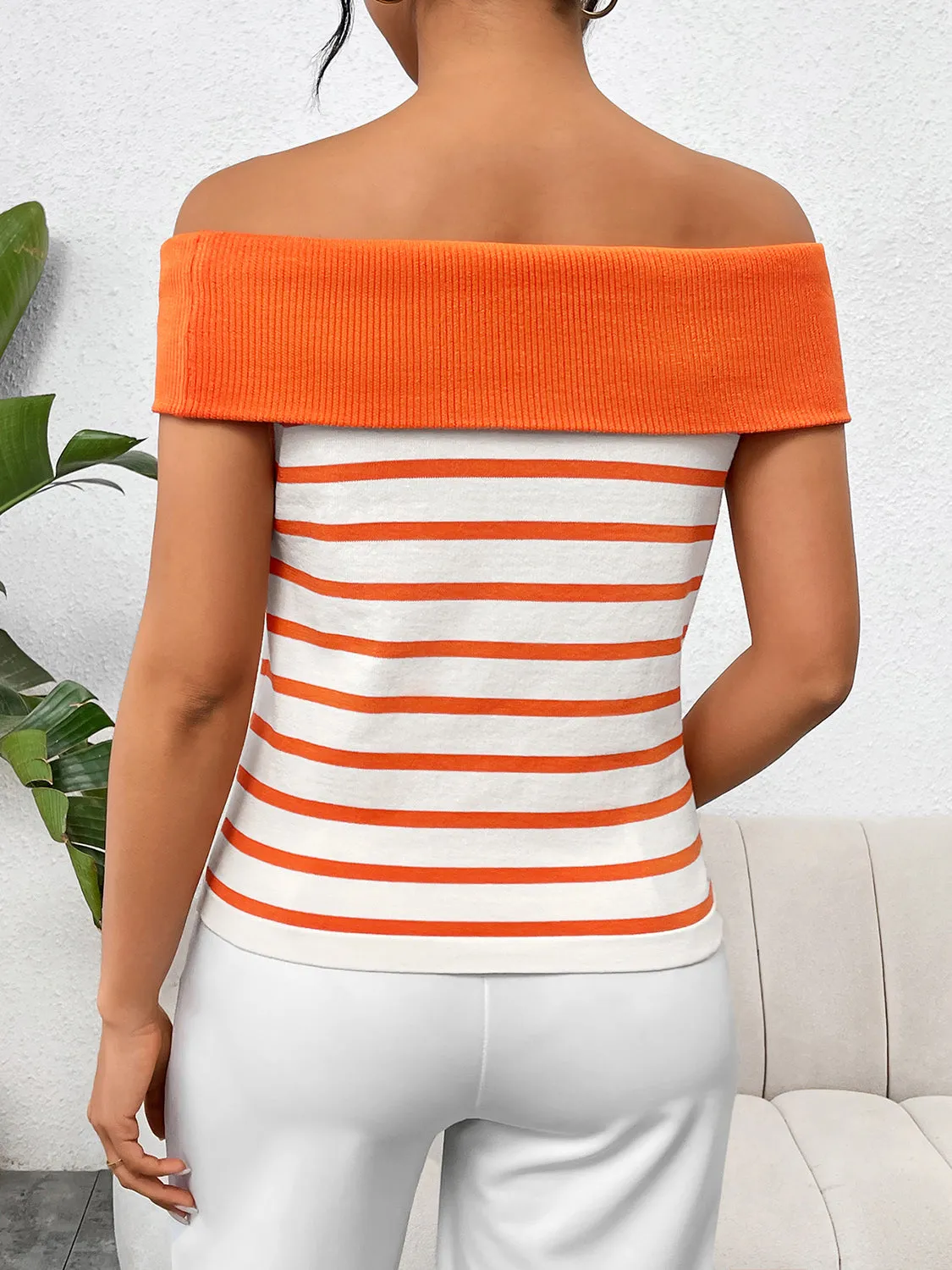 TEEK - Decor Button Striped Off-Shoulder Knit Top