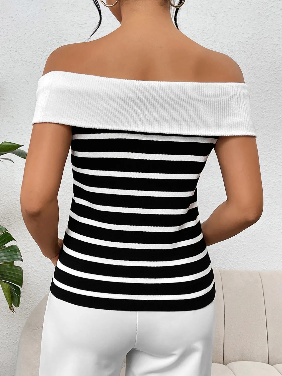 TEEK - Decor Button Striped Off-Shoulder Knit Top