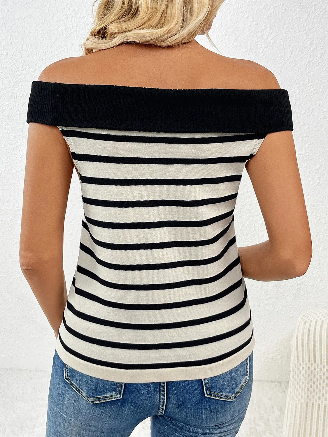 TEEK - Decor Button Striped Off-Shoulder Knit Top