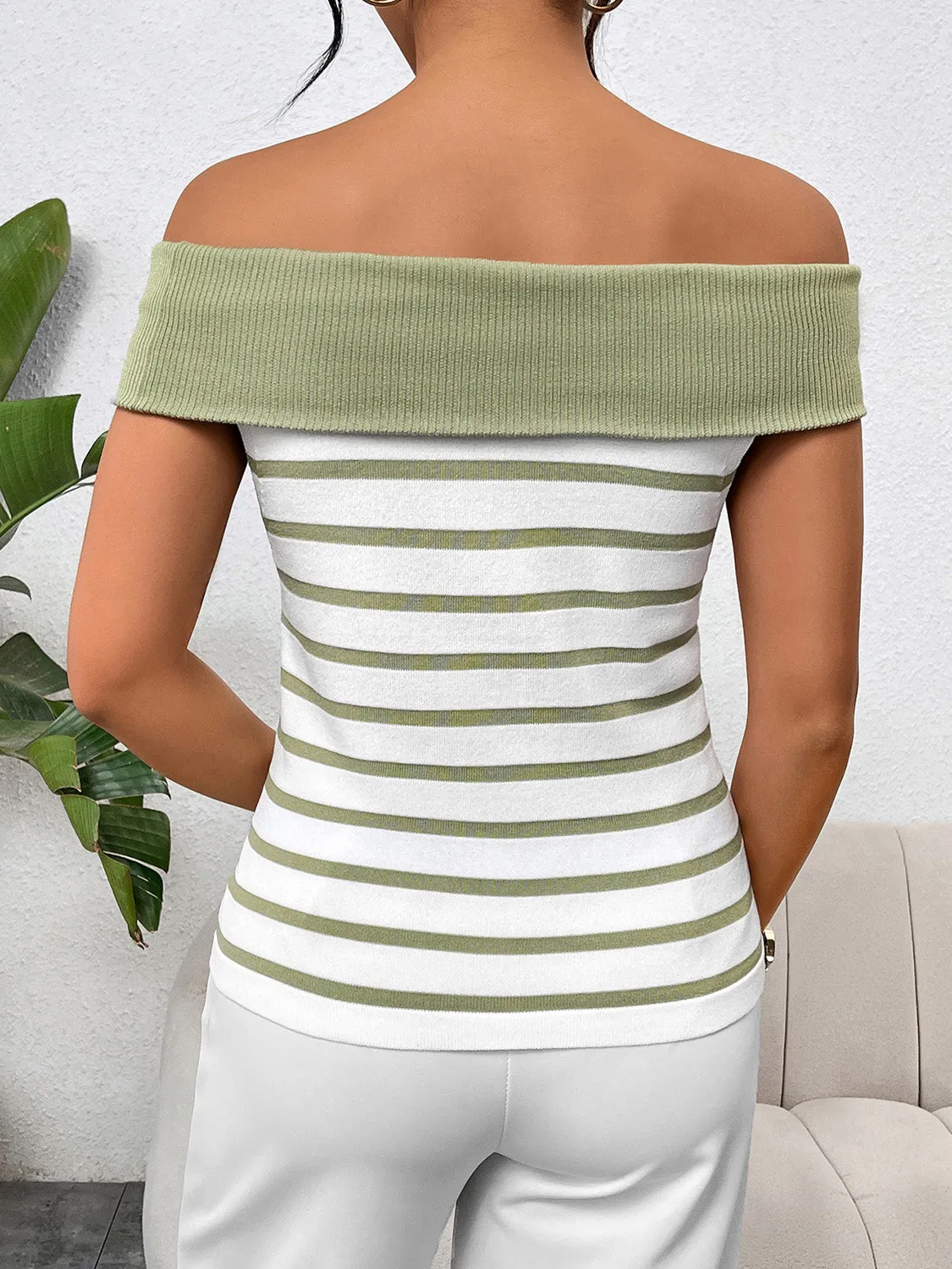 TEEK - Decor Button Striped Off-Shoulder Knit Top