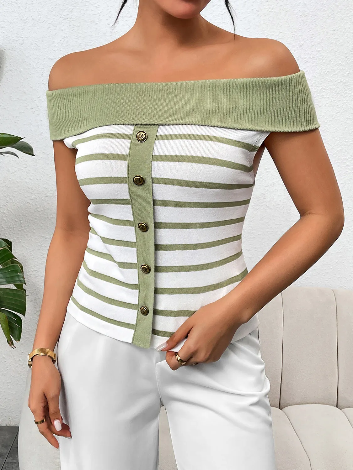 TEEK - Decor Button Striped Off-Shoulder Knit Top