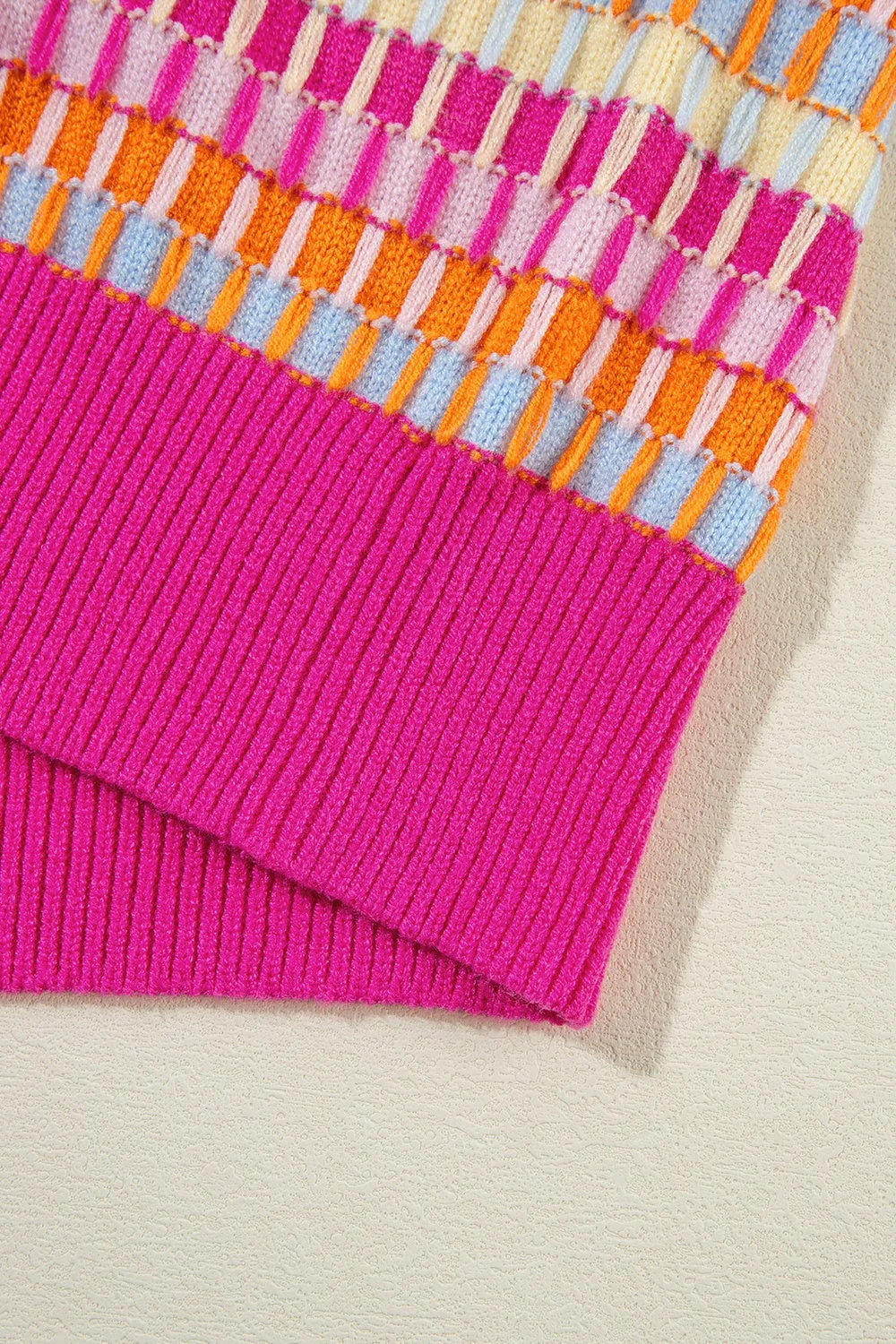 TEEK - Hot Pink Contrast Stitch Stripe Half Sleeve Knit Top