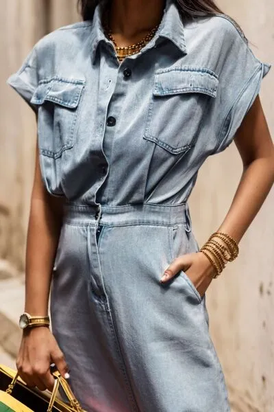 TEEK - Slit Pocketed Half Button Denim Dress