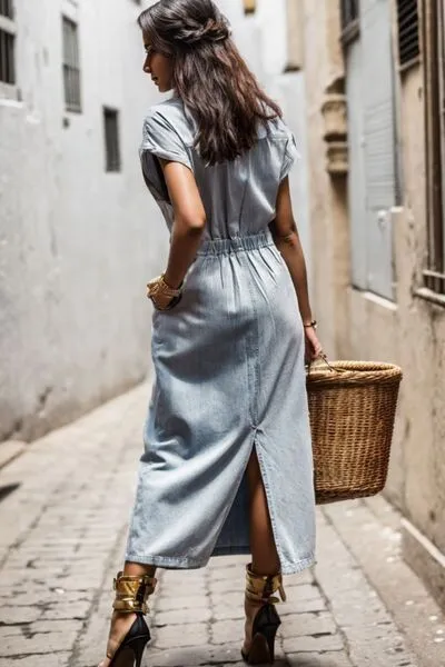 TEEK - Slit Pocketed Half Button Denim Dress