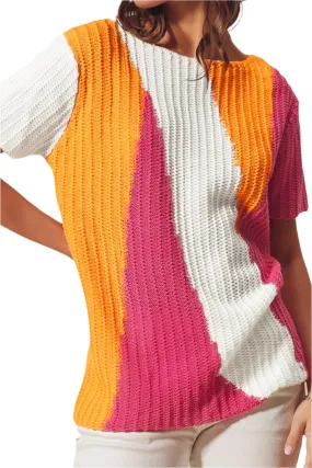 TEEK - Strawberry Block Round Neck Short Sleeve Knit Top