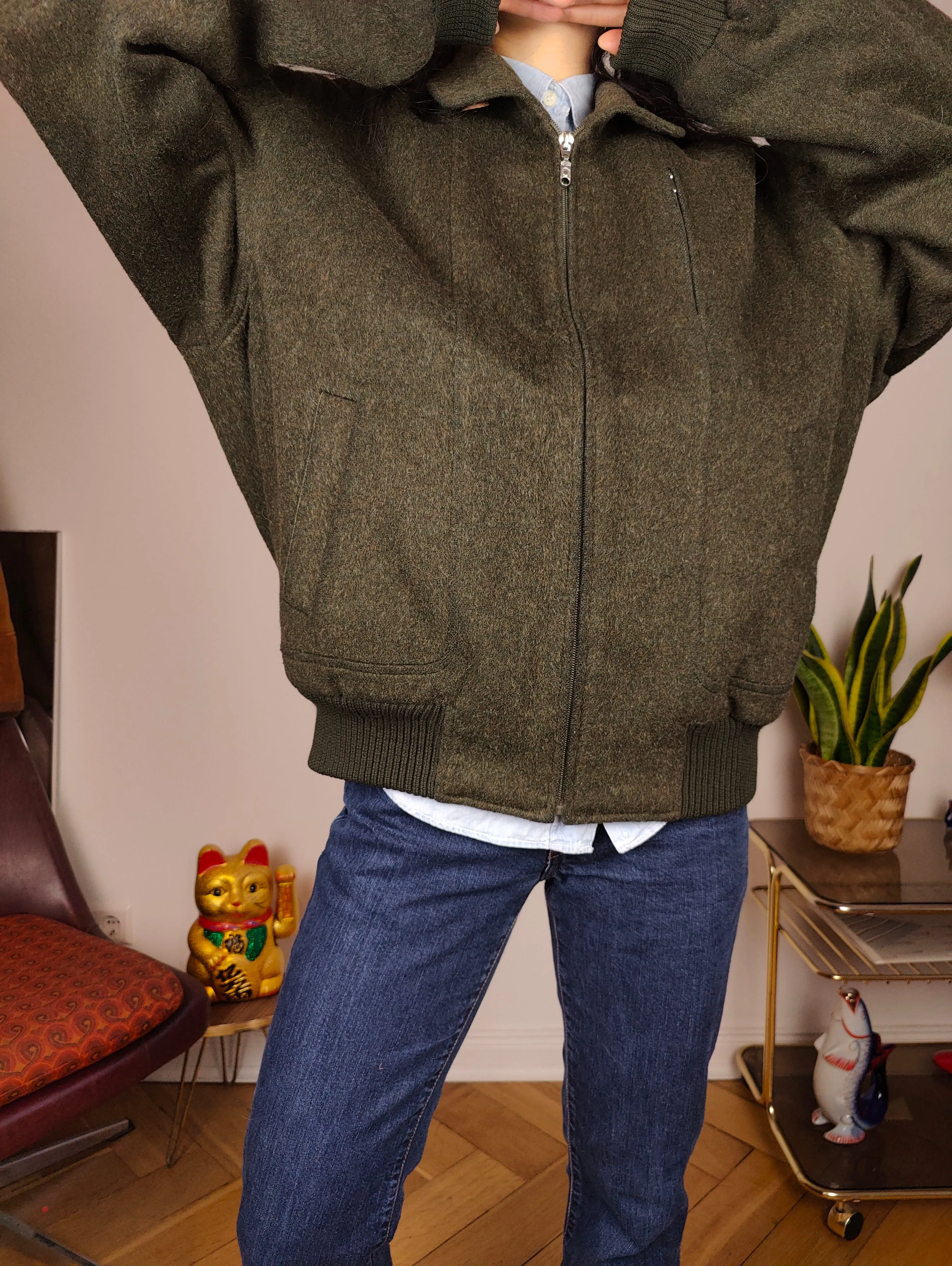 Vintage wool bomber jacket L | khaki green winter coat unisex men