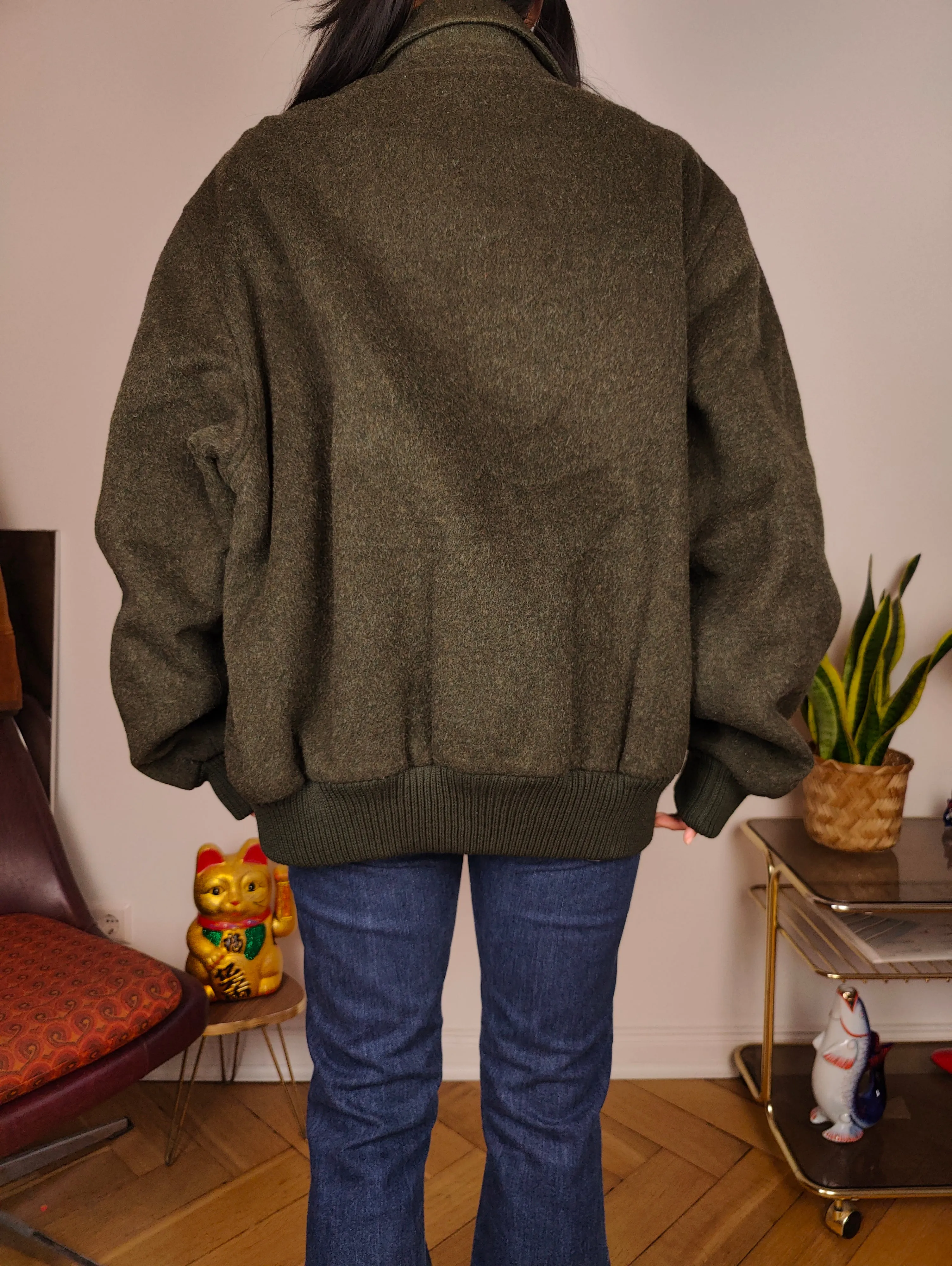Vintage wool bomber jacket L | khaki green winter coat unisex men
