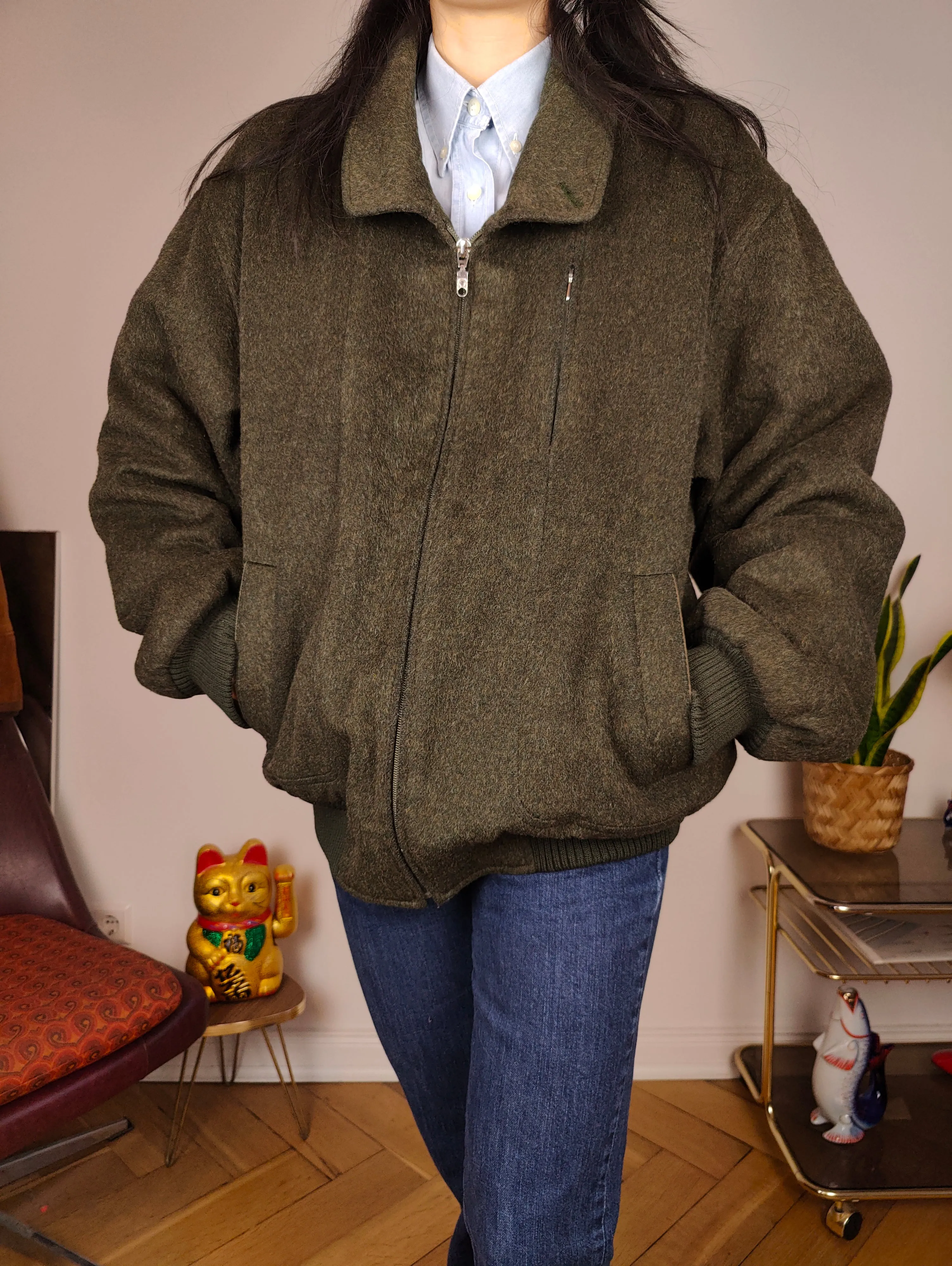 Vintage wool bomber jacket L | khaki green winter coat unisex men