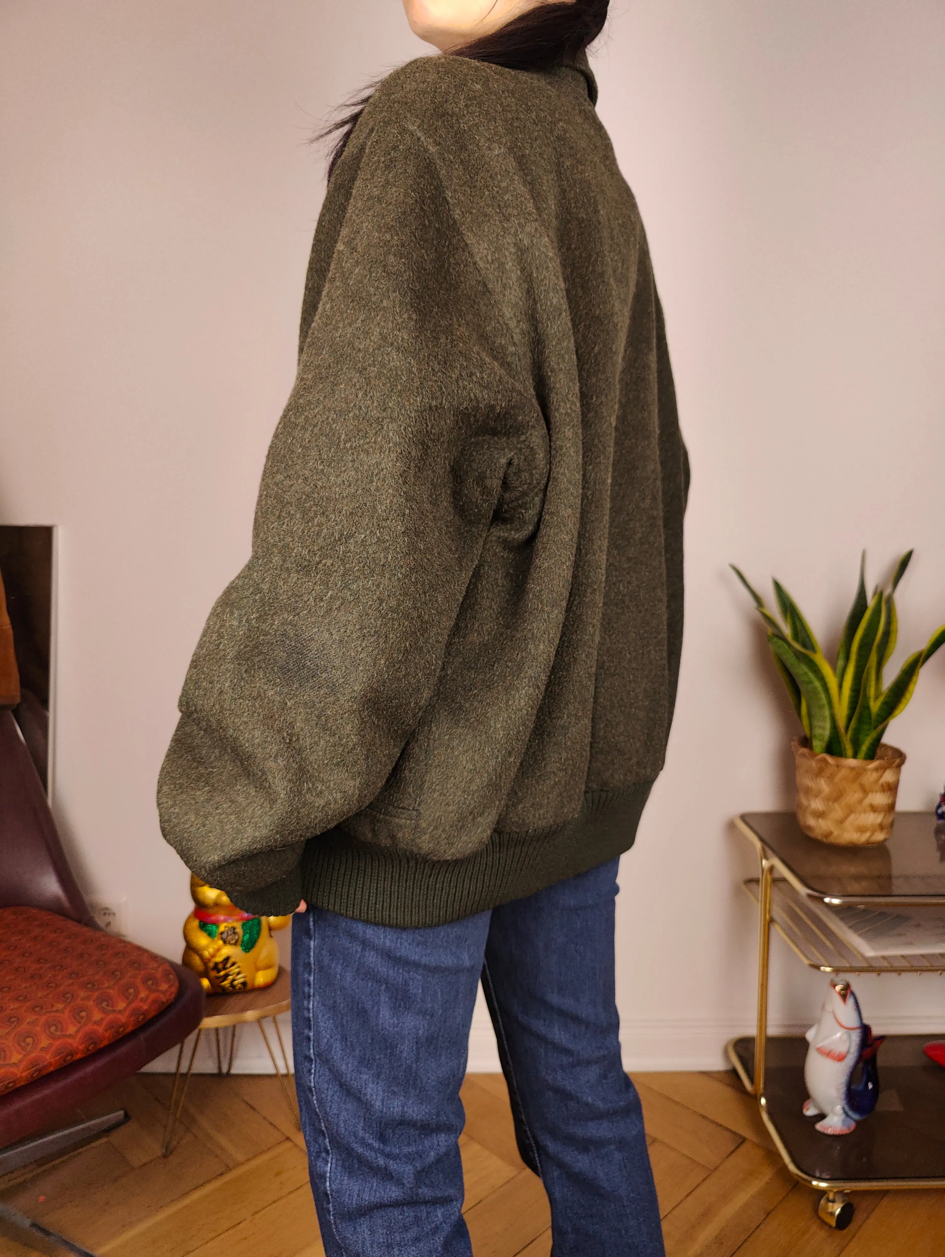 Vintage wool bomber jacket L | khaki green winter coat unisex men
