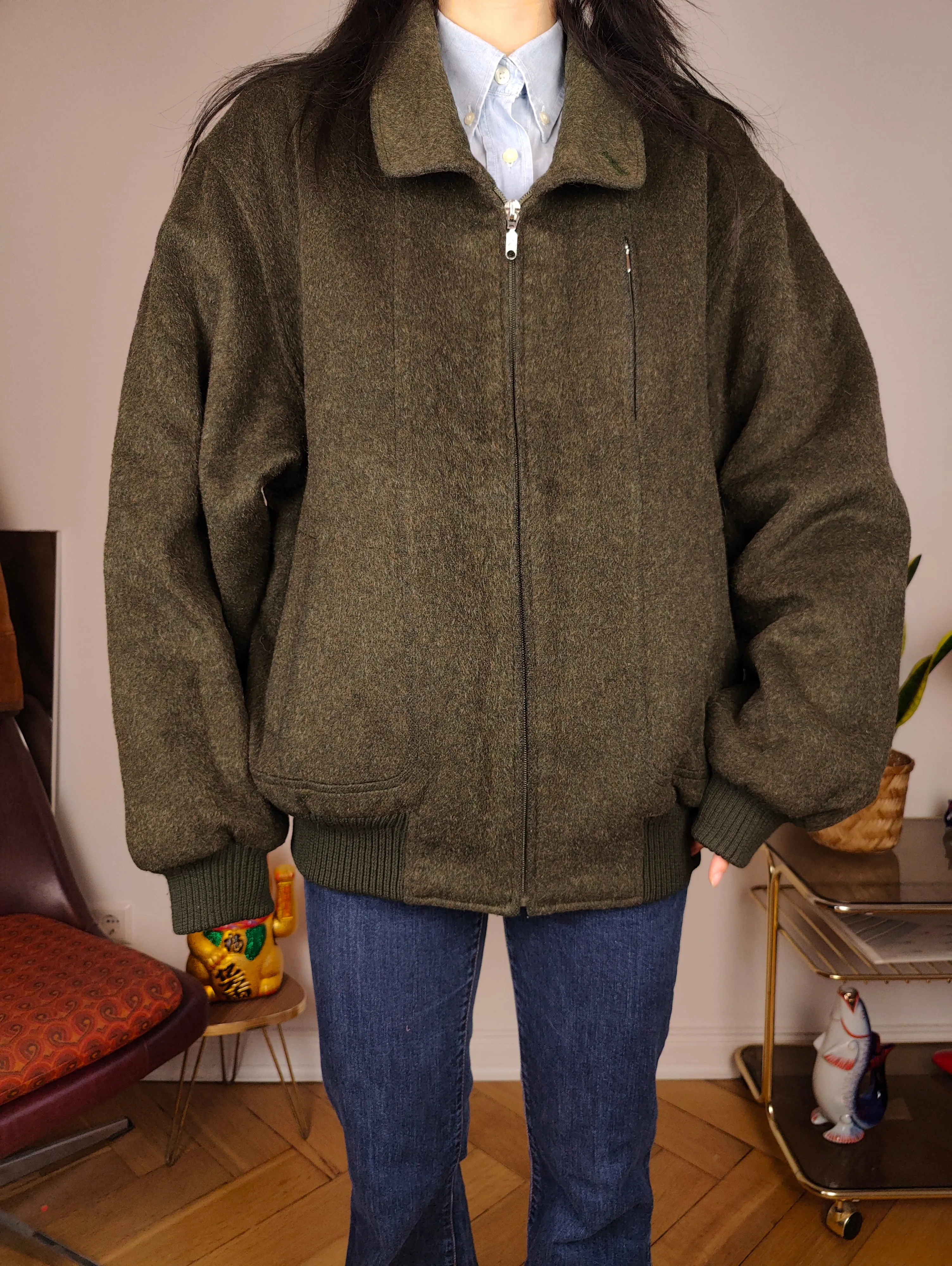 Vintage wool bomber jacket L | khaki green winter coat unisex men