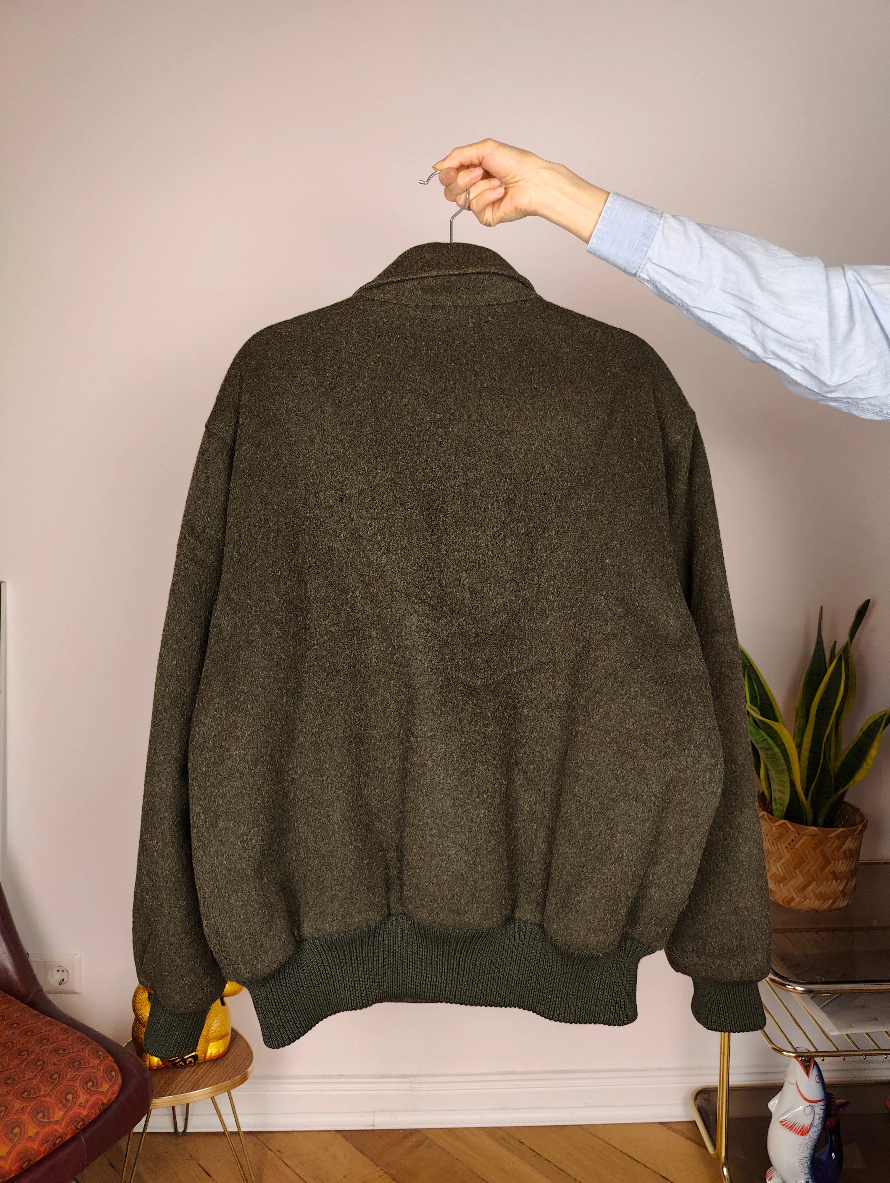 Vintage wool bomber jacket L | khaki green winter coat unisex men