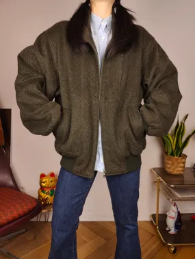 Vintage wool bomber jacket L | khaki green winter coat unisex men