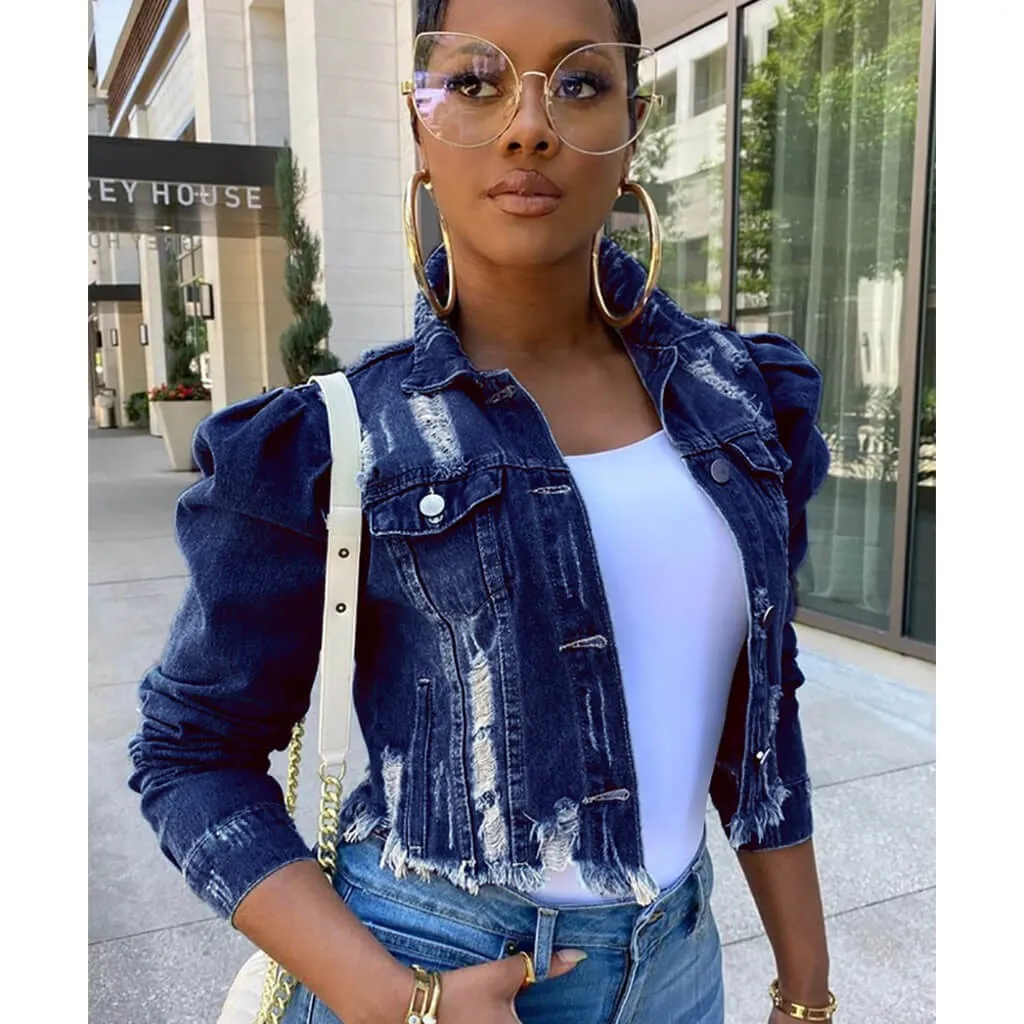 women's new stylish fashion acid-wash fray short blouse denim jacket