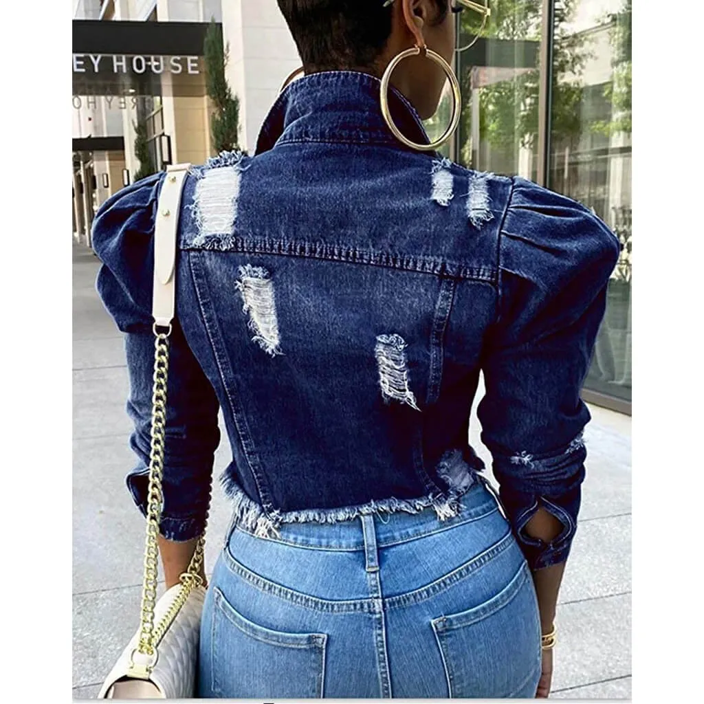 women's new stylish fashion acid-wash fray short blouse denim jacket