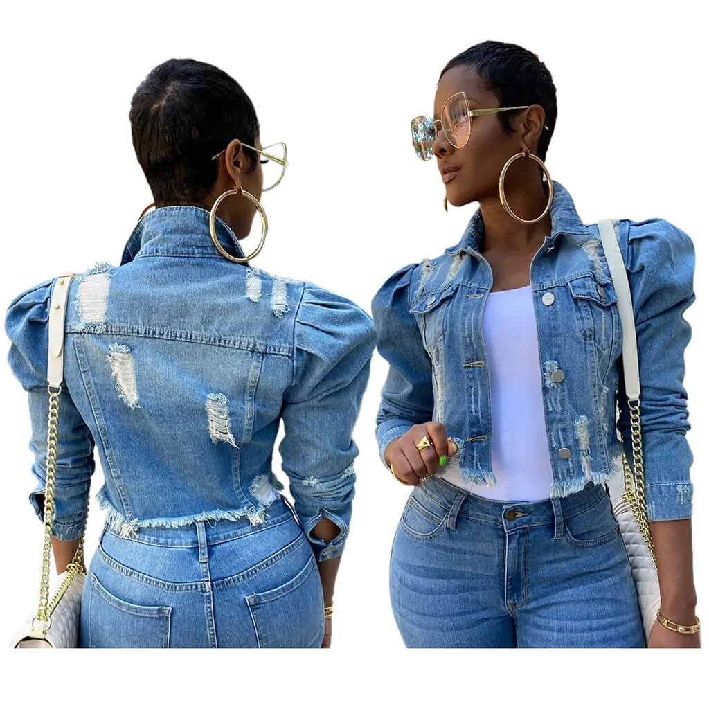 women's new stylish fashion acid-wash fray short blouse denim jacket