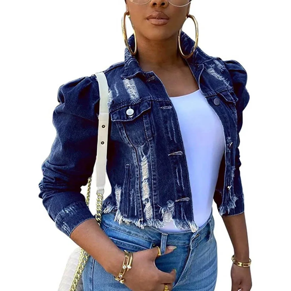 women's new stylish fashion acid-wash fray short blouse denim jacket