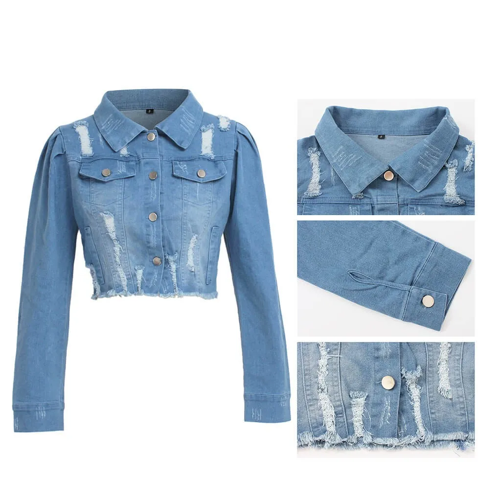 women's new stylish fashion acid-wash fray short blouse denim jacket